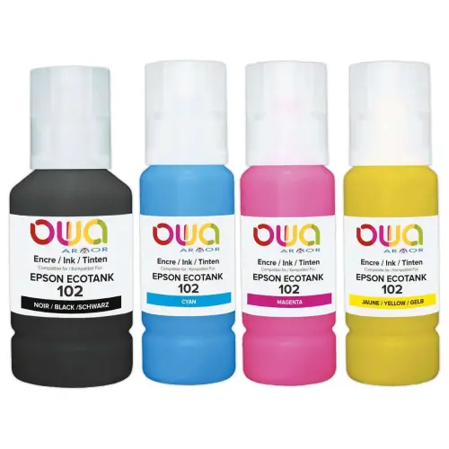 Pack 4 bouteilles d'encre noir et couleurs OWA compatibles Epson 102 photo du produit