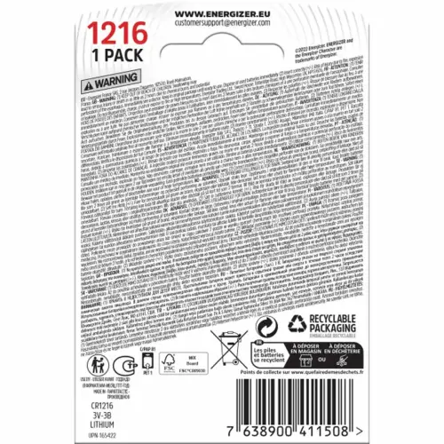 Pile Lithium CR1216 miniature Energizer photo du produit