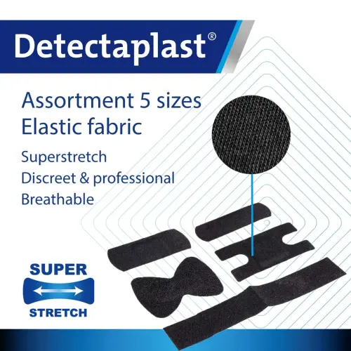 Boite de 50 pansements en tissu &eacute;lastique - 5 tailles - Noir - Detectaplast photo du produit