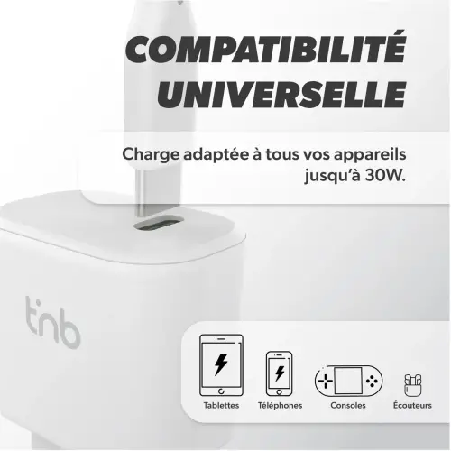 Chargeur USB-C - 30W - Blanc - T'nB photo du produit