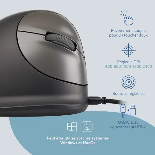 Souris ergonomique - Droitier - Filaire - Noir - R-Go photo du produit