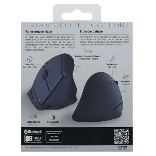 Souris ERGO sans fil - Verticale - Rechargeable - Bleu - T'NB photo du produit