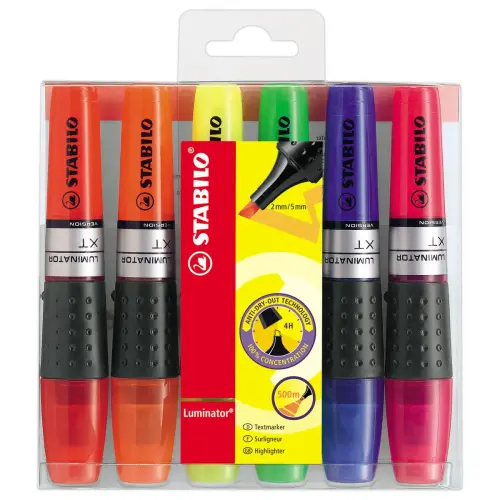 6 Surligneurs LUMINATOR - Encre liquide - Pointe biseautée - Coloris assortis - Stabilo photo du produit