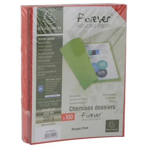 100 Chemises 220 g recycl&eacute;es - Rouge - Exacompta photo du produit