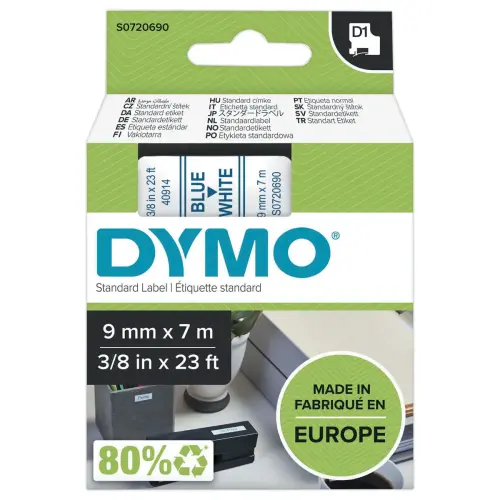 Ruban D1 S0720690 - 7 m x 9 mm - Texte bleu sur fond blanc - Dymo photo du produit