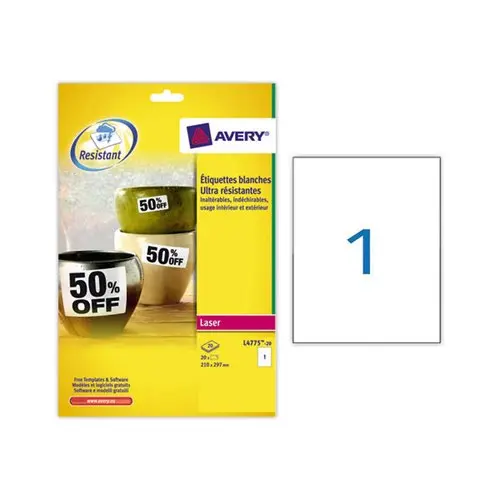 Bo&icirc;te de 20 &eacute;tiquettes inalt&eacute;rables laser -  210x297mm - Blanc - Avery photo du produit