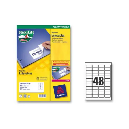 Planches de 48 &eacute;tiquettes blanches enlevables - 45,7x21,2mm - Avery photo du produit