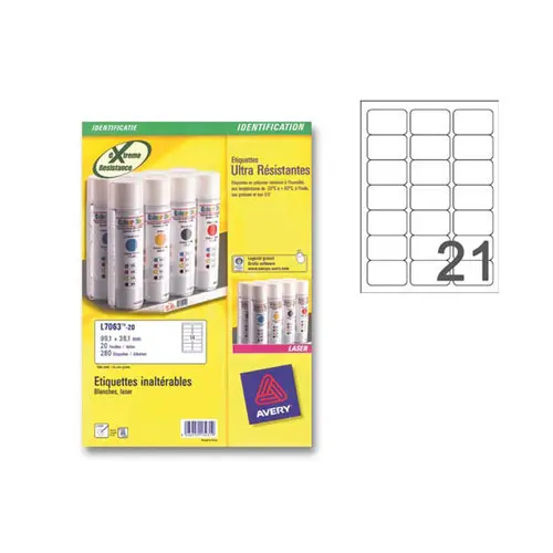 Boîte de 20 planches de 21 étiquettes ultra résistantes - 63,5x38,1mm - Blanc - AVERY photo du produit