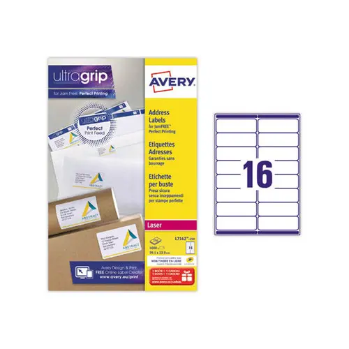 250 Planches de 16 &eacute;tiquettes adresses blanches pour imprimantes laser - 99,1 x 33,9 mm - Avery photo du produit