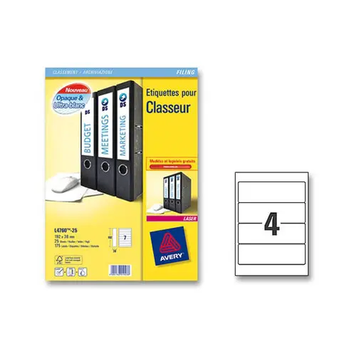 25 Planches de 4 &eacute;tiquettes de classement blanches pour classeur dos large Avery photo du produit