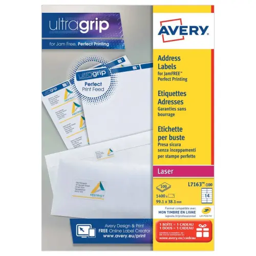 100 Planches de 14 étiquettes adresses blanches pour imprimantes laser - 99,1 x 38,1 mm - Avery photo du produit