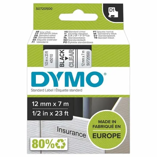 Ruban pour titreuse D1 - 7 m x 12 mm - Texte noir sur fond transparent - DYMO photo du produit