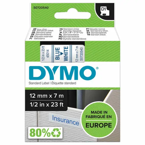 Ruban pour titreuse D1 - 7 m x 12 mm - Texte bleu sur fond blanc - DYMO photo du produit
