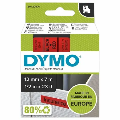 Ruban pour titreuse D1 - 7 m x 12 mm - Texte noir sur fond rouge - DYMO photo du produit