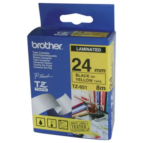 Ruban pour titreuse TZE - 8m x 24 mm TZE651 - Texte noir sur fond jaune - Brother photo du produit