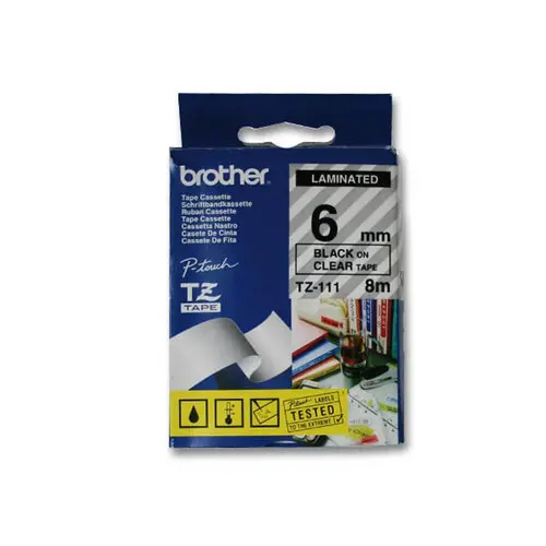 Ruban TZE 8m x 6 mm - BROTHER Tze 111 - texte noir / fond transparent photo du produit
