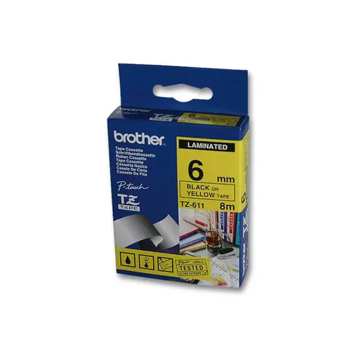 Ruban pour titreuse Brother TZe 611 - 8m x 6 mm - texte noir sur fond jaune photo du produit