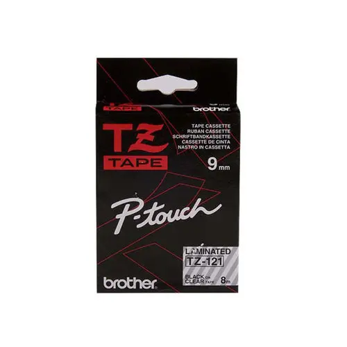 Ruban TZE 8m x 9 mm - Brother Tze 121 - texte noir / fond transparent photo du produit