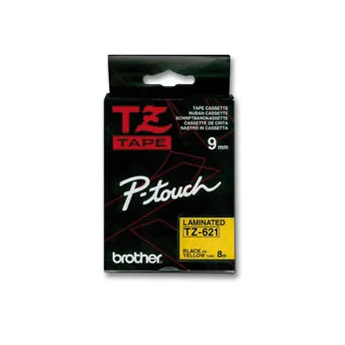 Ruban TZE 8m x 9 mm - BROTHER Tze 621 - texte noir sur fond jaune photo du produit