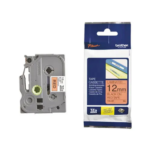 Ruban pour titreuse TZE 431 - 8 m x 12 mm - Texte noir sur fond rouge - BROTHER photo du produit