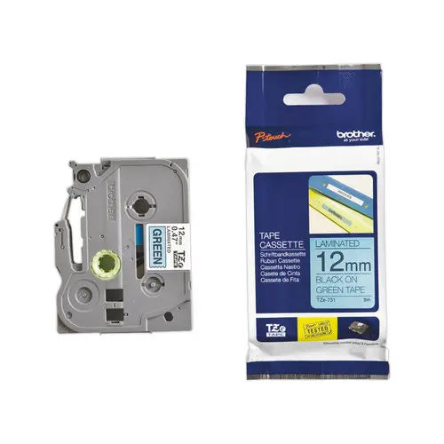 Ruban pour titreuse TZE 731 - 8 m x 12 mm - Texte noir sur fond vert - BROTHER photo du produit