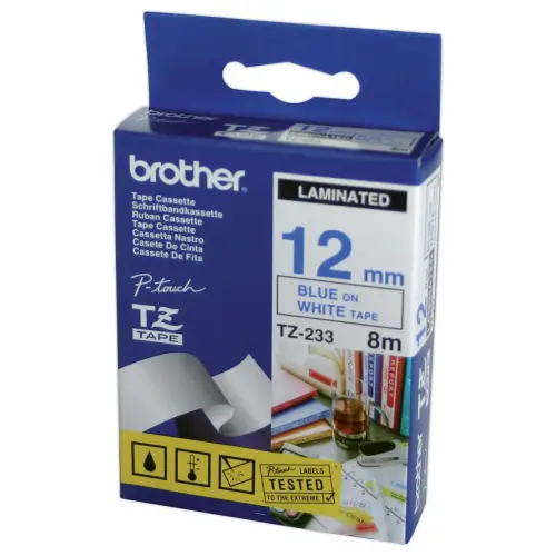 Ruban 8 m x 12 mm - Brother TZ 233 - texte bleu sur fond blanc photo du produit