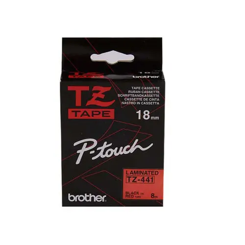 Ruban TZE 8m x 18 mm - BROTHER Tze 441 - texte noir sur fond rouge photo du produit
