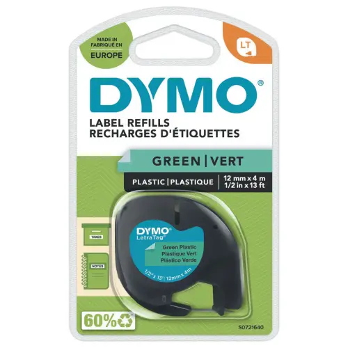 Ruban plastique Letratag - 12 mm - Texte noir sur fond vert photo du produit