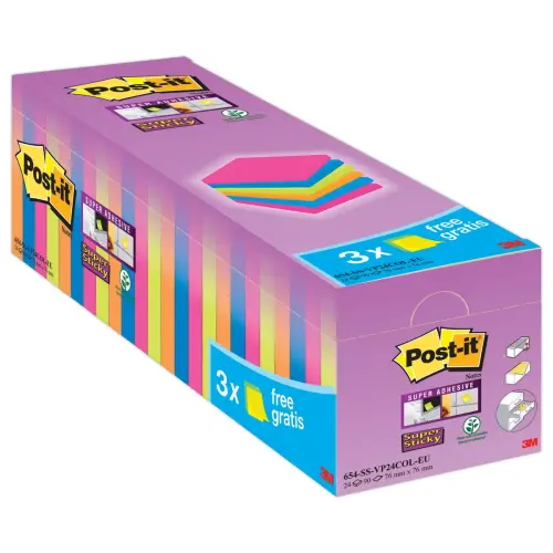 24 Notes repositionnables Super Sticky coloris assortis 7,6 x 7,6 cm - POST-IT photo du produit