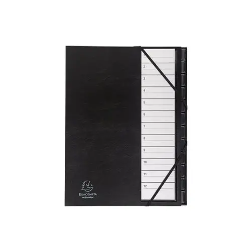 Trieur rigide Ordonator avec cavaliers plastiques et &eacute;lastiques num&eacute;rique 12 compartiments de 1 &agrave; 12 - Noir - EXACOMPTA photo du produit