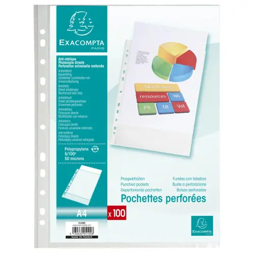 Sachet de 100 pochettes perfor&eacute;es polypropyl&egrave;ne grain&eacute; 5/100e - A4 - Cristal - EXACOMPTA photo du produit