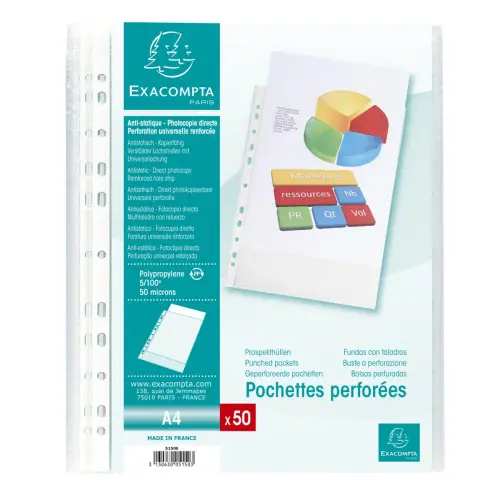 Sachet de 50 pochettes perfor&eacute;es polypropyl&egrave;ne grain&eacute; 5/100e - A4 - Cristal - EXACOMPTA photo du produit