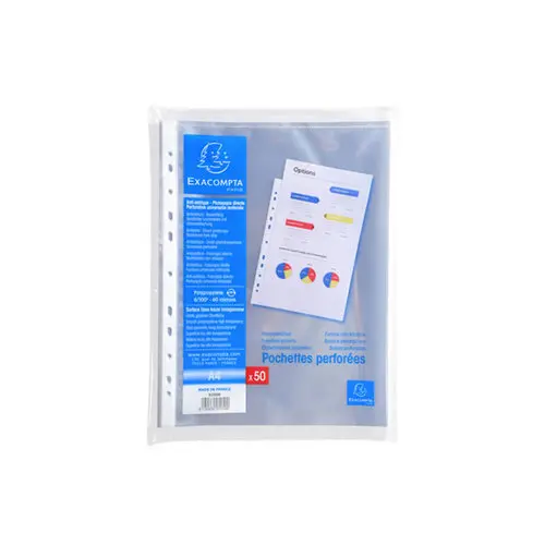 Sachet de 50 pochettes perfor&eacute;es polypropyl&egrave;ne lisse 6/100e - A4 - Cristal - EXACOMPTA photo du produit
