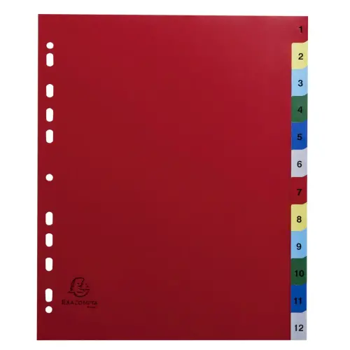 Intercalaires imprim&eacute;s num&eacute;riques polypropyl&egrave;ne 12/100e - 12 positions - A4 Maxi - Assorties vives - EXACOMPTA photo du produit