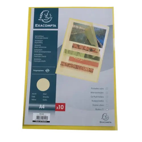 Sachet 10 pochettes coin polypropyl&egrave;ne grain&eacute; 12/100e - A4 - Jaune - EXACOMPTA photo du produit