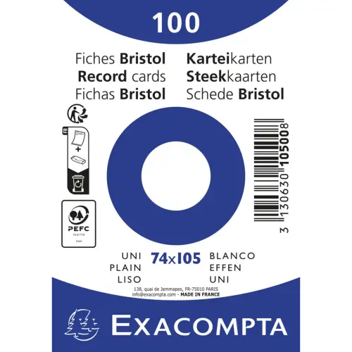 Paquet 100 fiches sous film - bristol uni non perfor&eacute; 74x105mm - Blanc - EXACOMPTA photo du produit
