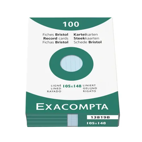 Étui de 100 fiches - bristol ligné non perforé 105x148mm - Azur - EXACOMPTA photo du produit
