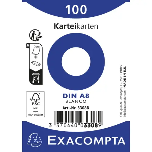 Paquet 100 fiches sous film - bristol uni non perforé 55x74mm - Blanc - EXACOMPTA photo du produit