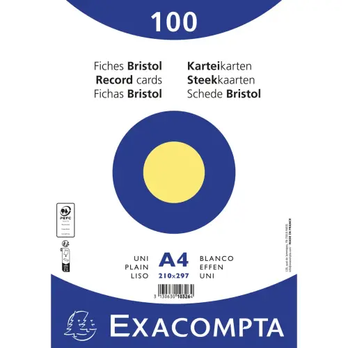 Paquet 100 fiches sous film - bristol uni non perforé 210x297mm - Jaune - EXACOMPTA photo du produit