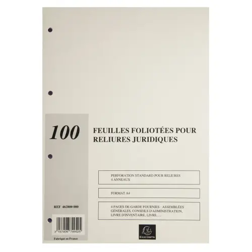 Recharge de 100 feuillets A4 80g pour reliure juridique 4 ou 6 anneaux - EXACOMPTA photo du produit