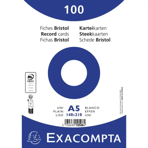 Paquet 100 fiches sous film - bristol uni non perfor&eacute; 148x210mm - Blanc - EXACOMPTA photo du produit