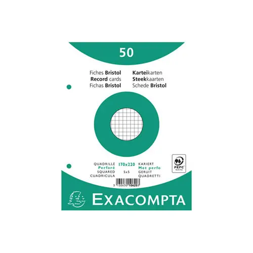 Paquet 50 fiches sous film - bristol quadrillé 5x5 perforé 170x220mm - Blanc - EXACOMPTA photo du produit