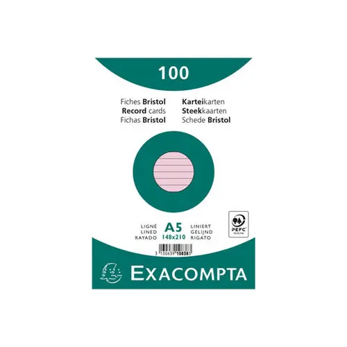 Paquet 100 fiches sous film - bristol ligné non perforé 148x210mm - Rose - EXACOMPTA photo du produit