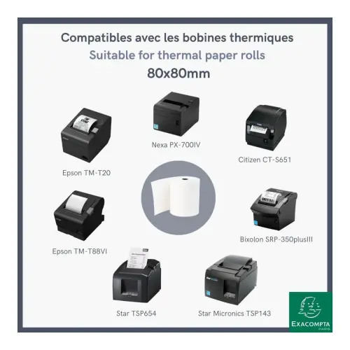 Bobine pour tickets de caisse 80x80 mm - 1 pli thermique 55g/m2 sans BPA. - EXACOMPTA photo du produit