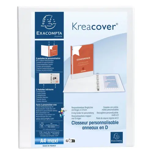 Classeur PP personnalisable Kreacover - 4 anneaux en D 25mm - A4 maxi - Blanc - EXACOMPTA photo du produit