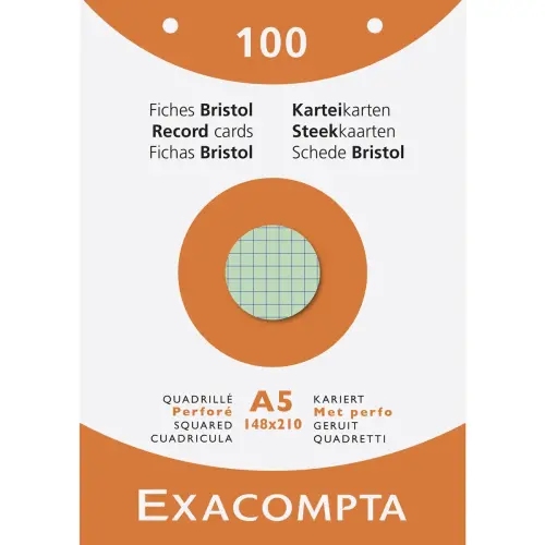 Étui de 100 fiches - bristol quadrillé 5x5 perforé 148x210mm - Couleurs assorties - EXACOMPTA photo du produit