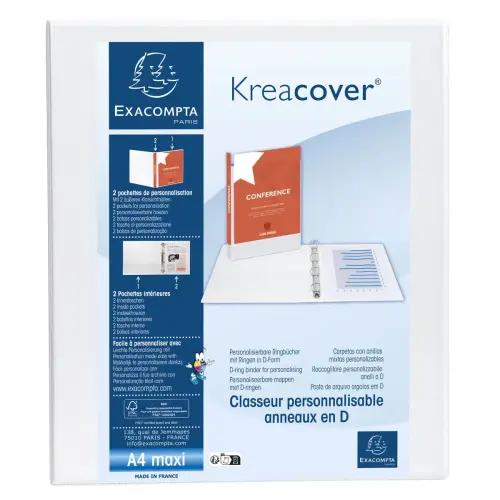 Classeur PP personnalisable Kreacover - 4 anneaux en D 25mm - A4 maxi - Blanc - EXACOMPTA photo du produit