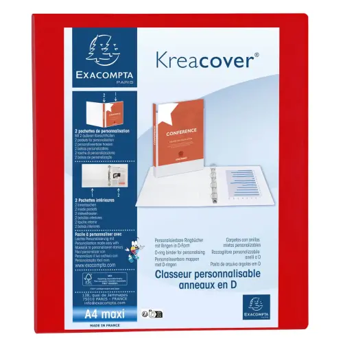 Classeur PP personnalisable Kreacover - 4 anneaux en D 25mm - A4 maxi - Rouge - EXACOMPTA photo du produit