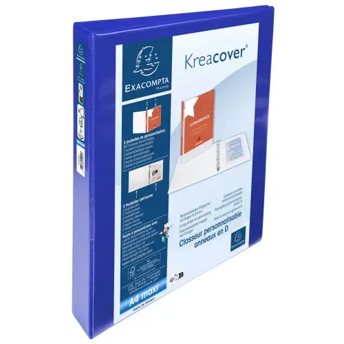 Classeur personnalisable rigide 2 poches KreaCover&reg; - 4 anneaux en D 30mm - A4 maxi - Bleu - EXACOMPTA photo du produit