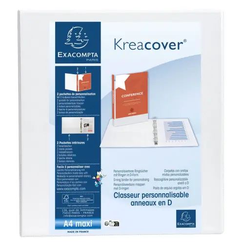 Classeur PP personnalisable Kreacover - 4 anneaux en D 50mm - A4 maxi - Blanc - EXACOMPTA photo du produit